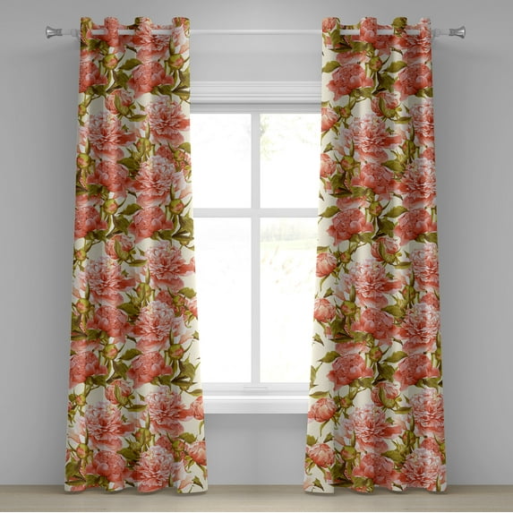 Ambesonne Peony Pattern Grommet Curtain, Vintage Color Flowers, 50"x84", Coral and Pale Olive Green