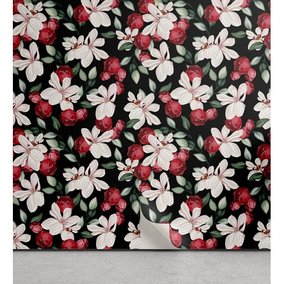 Ambesonne Peony Pattern Peel & Stick Wallpaper for Home, Blooming Roses Leafy, 13"x36", Dark Coral Pale Pink