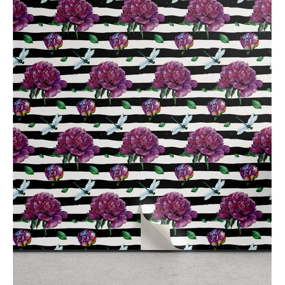 Ambesonne, Peony Pattern Peel & Stick Wallpaper for Home, Dragonfly and Flowers, 13"x36", Purple Jade Green White