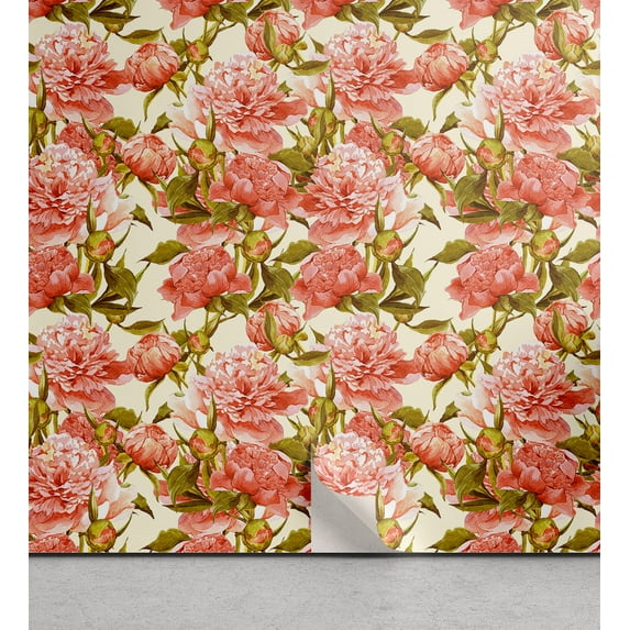 Ambesonne Peony Pattern Peel & Stick Wallpaper for Home, Vintage Color Flowers, 13"x100", Coral and Pale Olive Green