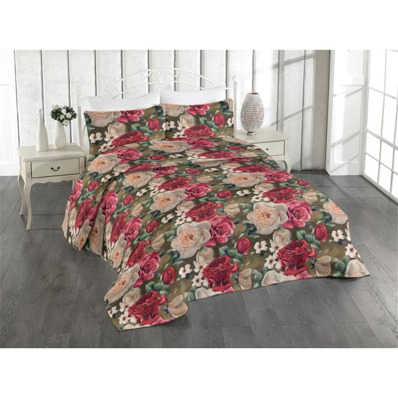 Ambesonne Peony Pattern Quilted Bedspread Set 3 Pcs, Delicate Flowers Boho, Twin, Jade Green Dark Pink