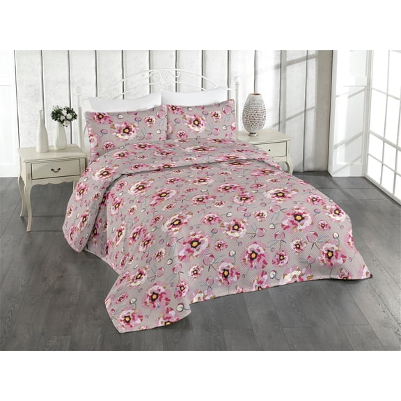 Ambesonne Peony Pattern Quilted Bedspread Set 3 Pcs, Geometric Bloom Boho, King, Lilac Raspberry Dust