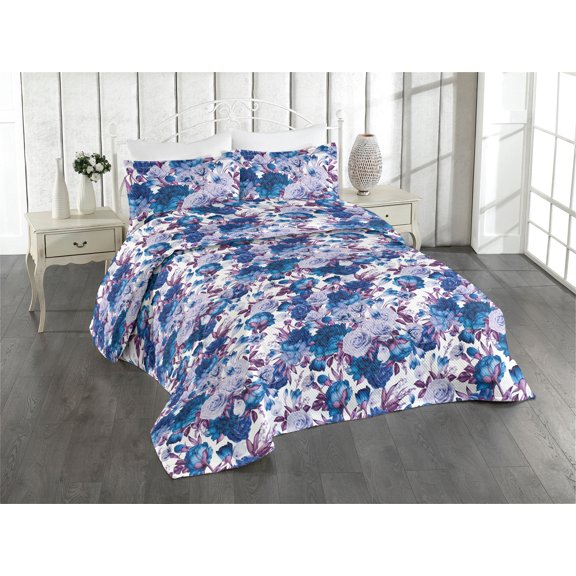 Ambesonne Peony Pattern Quilted Bedspread Set 3 Pcs, Romantic Retro Floral, King, Dark Violet Dark Magenta