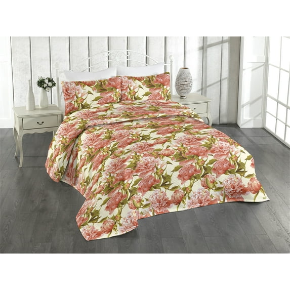 Ambesonne Peony Pattern Quilted Bedspread Set 3 Pcs, Vintage Color Flowers, Twin, Coral and Pale Olive Green