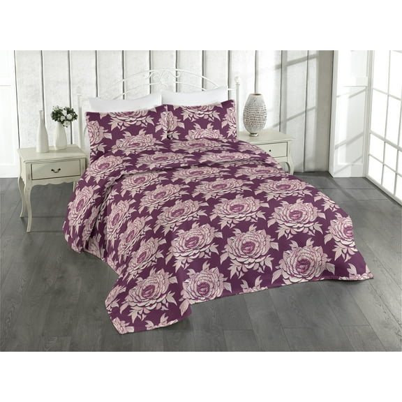 Ambesonne Peony Pattern Quilted Bedspread Set 3 Pcs, Vintage Flowers Print, Queen, Dark Magenta Pale Pink