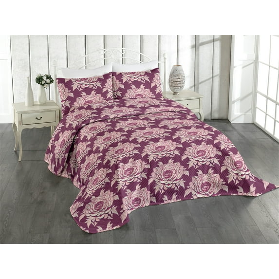 Ambesonne Peony Pattern Quilted Coverlet 2 Pcs, Vintage Flowers Print, Twin Size, Dark Magenta Pale Pink