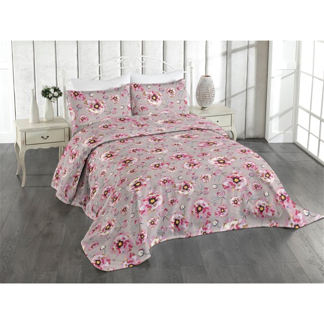 Ambesonne Peony Pattern Quilted Coverlet 3 Pcs, Geometric Bloom Boho, King Size, Lilac Raspberry Dust