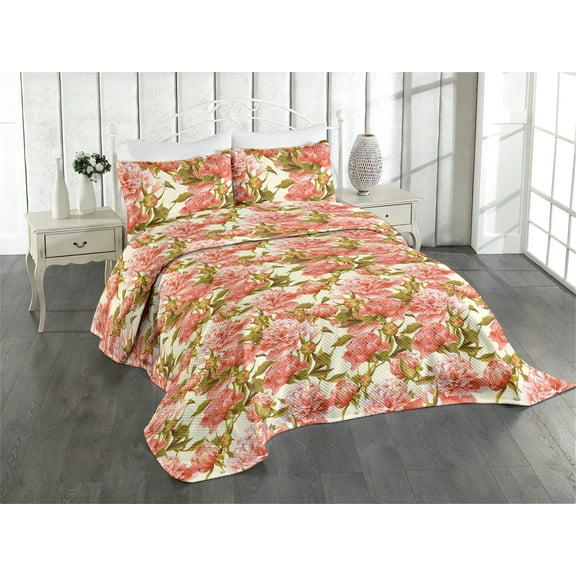 Ambesonne Peony Pattern Quilted Coverlet 3 Pcs, Vintage Color Flowers, King Size, Coral and Pale Olive Green