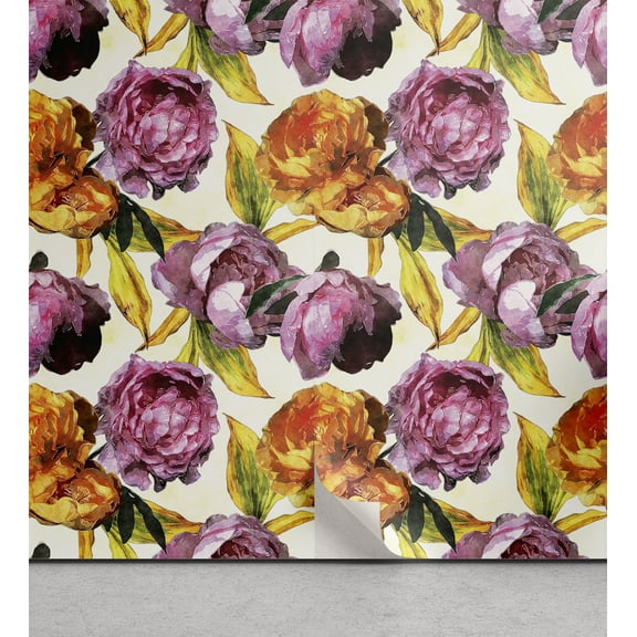 Ambesonne Peony Peel & Stick Wallpaper for Home, Blossoming Flowers Summer Art, 13"x72", Pink Orange Ivory