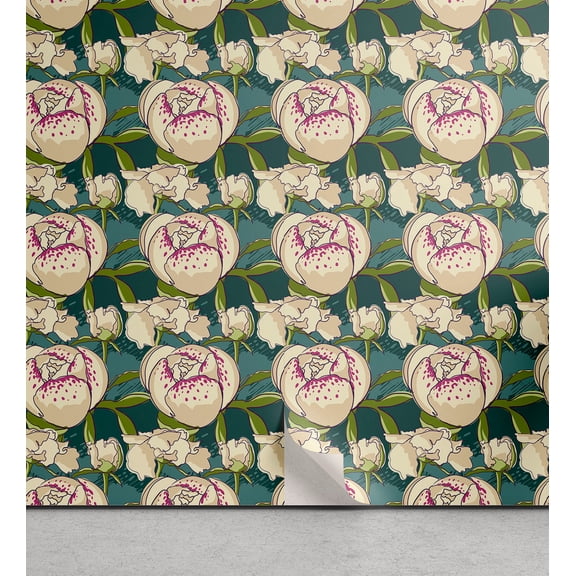 Ambesonne Peony Peel & Stick Wallpaper for Home, Cartoon Floral Pattern Boho, 13"x36", Hunter Green Champagne