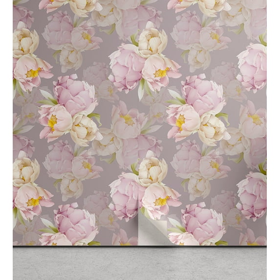 Ambesonne Peony Peel & Stick Wallpaper for Home, Delicate Floral Scene Print, 13"x36", Pale Lilac Mustard