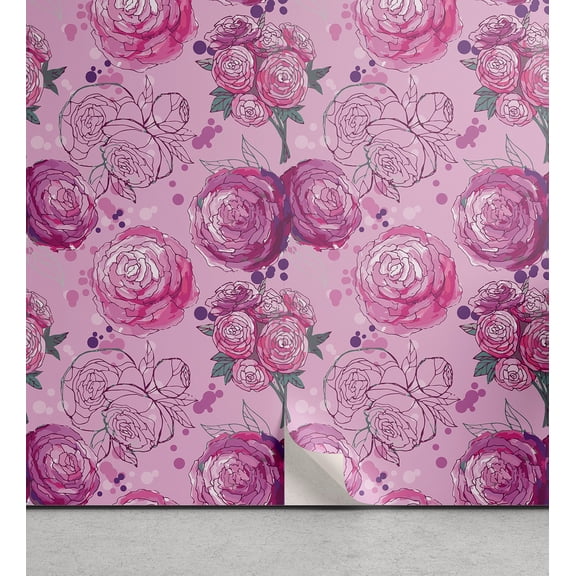 Ambesonne Peony Peel & Stick Wallpaper for Home, Dreamy Botanical Scene Floral, 13"x36", Mauve Purple Laurel Green