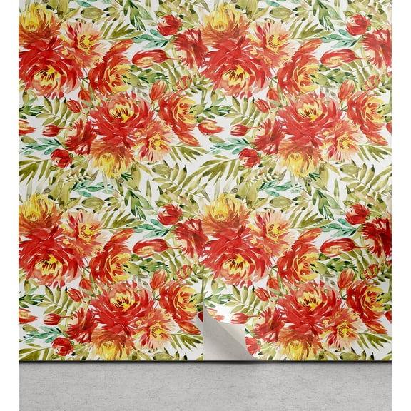Ambesonne Peony Peel & Stick Wallpaper for Home, Exotics Art Floral Boho Print, 13"x36", Dark Coral Mustard White