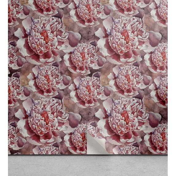 Ambesonne Peony Peel & Stick Wallpaper for Home, Exotics Flowers Boho Print, 13"x72", Dried Rose and Dark Coral