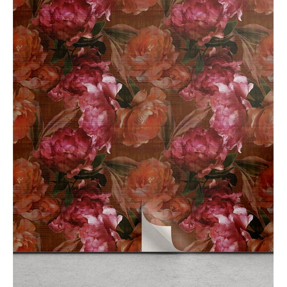 Ambesonne Peony Peel & Stick Wallpaper for Home, Grunge Effect Pattern Flowers, 13"x72", Pink Dark Salmon and Cinnamon
