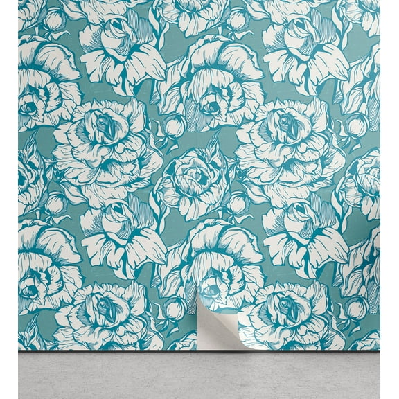 Ambesonne Peony Peel & Stick Wallpaper for Home, Linear Romantic Floral Art, 13"x36", Cadet Blue and Off White