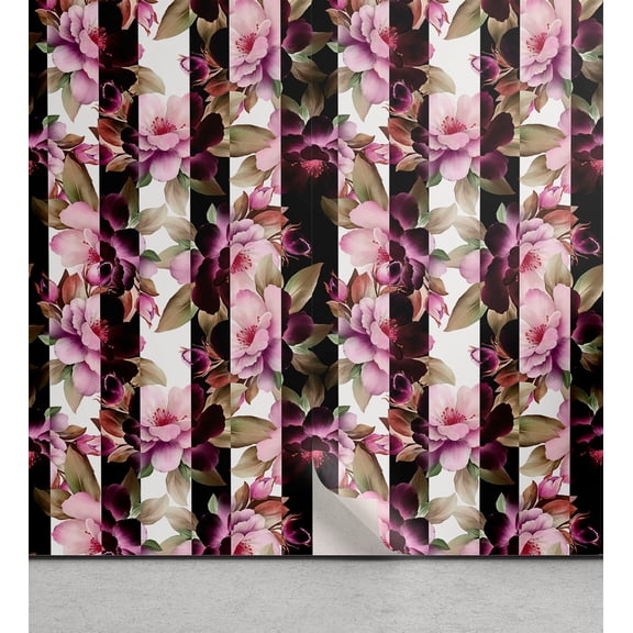 Ambesonne Peony Peel & Stick Wallpaper for Home, Modern Flowers Leafy Modern, 13"x36", Pale Purple Green Ivory