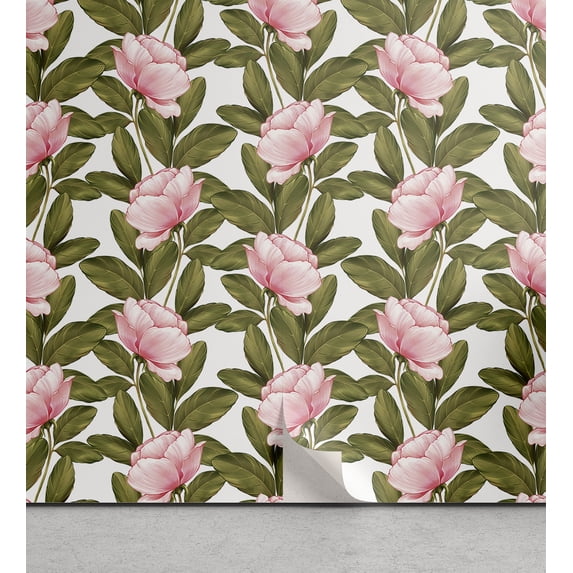 Ambesonne Peony Peel & Stick Wallpaper for Home, Oldschool Farmhouse Flowers, 13"x100", Olive Green and Pale Pink