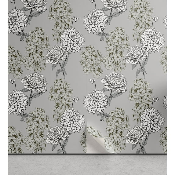 Ambesonne Peony Peel & Stick Wallpaper for Home, Pastel Nature Tones Flowers, 13"x36", Grey Multicolor