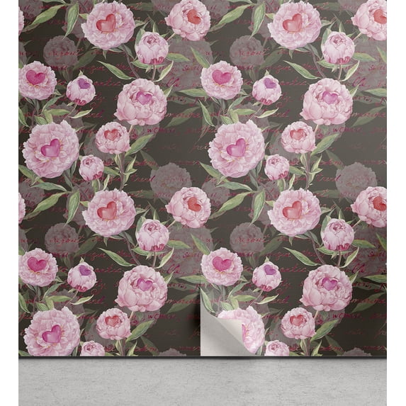Ambesonne Peony Peel & Stick Wallpaper for Home, Pinkish Flowers Hearts Print, 13"x36", Soft Pink Green Taupe