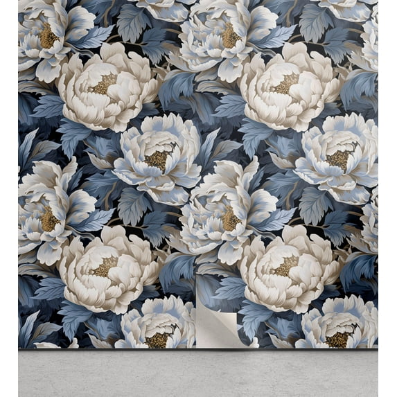 Ambesonne Peony Peel & Stick Wallpaper for Home, Vintage Botanical Cold Tones, 13"x72", Slate Blue and Off White