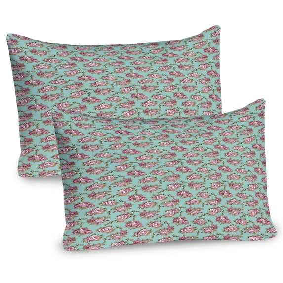 Ambesonne Peony Pillow Sham 2 Pack, Classical Pastel Tone Floral, 26"x20", Seafoam Dried Rose