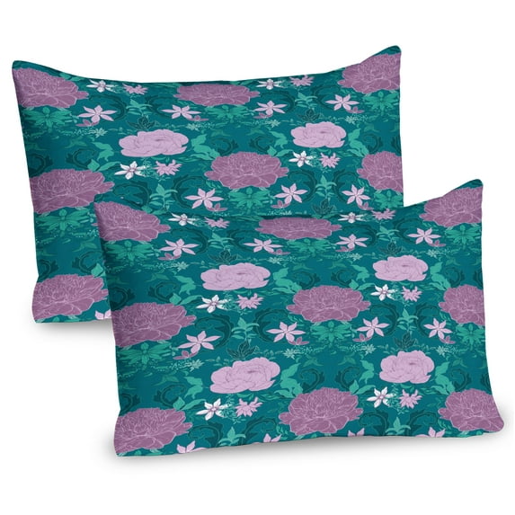 Ambesonne Peony Pillow Sham 2 Pack, Rose Family Pointy Petals, 36"x20", Teal and Pale Mauve