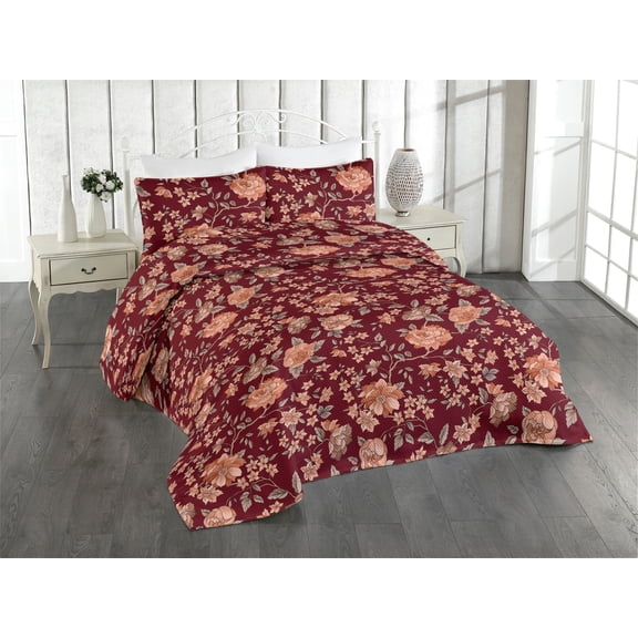 Ambesonne Peony Quilted Bedspread Set 3 Pcs, Autumn Flowers Leafy Branches, Twin, Raspberry Coral Grey Teal