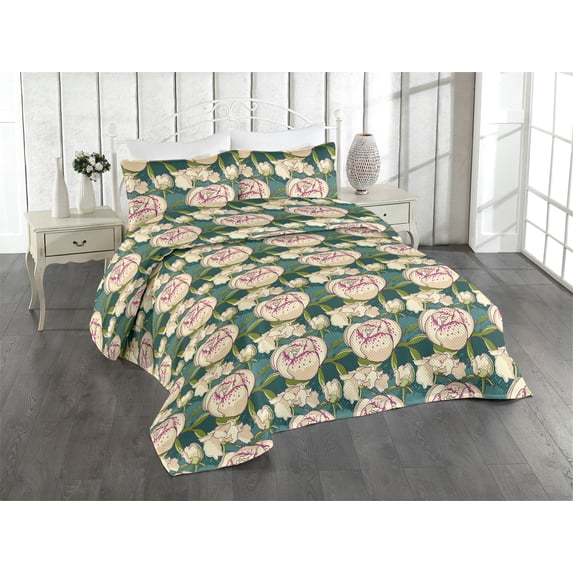 Ambesonne Peony Quilted Bedspread Set 3 Pcs, Cartoon Floral Pattern Boho, Queen, Hunter Green Champagne