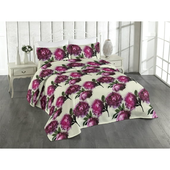 Ambesonne Peony Quilted Bedspread Set 3 Pcs, Floral Leaves Pattern Print, Queen, Forest Green Magenta