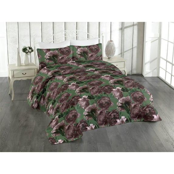 Ambesonne Peony Quilted Bedspread Set 3 Pcs, Nostalgic Flowers Garden Art, Queen, Fern Green and Mauve Taupe