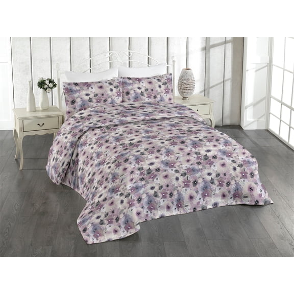 Ambesonne Peony Quilted Bedspread Set 3 Pcs, Nostalgic Garden Scene Art, King, Pale Purple Eggshell