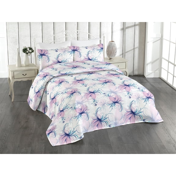 Ambesonne Peony Quilted Bedspread Set 3 Pcs, Romantic Delicate Petals Art, Twin, Lilac Dark Seafoam White