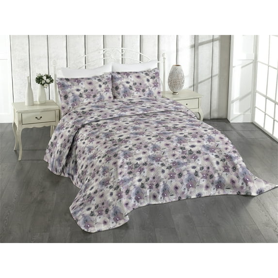 Ambesonne Peony Quilted Coverlet 2 Pcs, Nostalgic Garden Scene Art, Twin Size, Pale Purple Eggshell