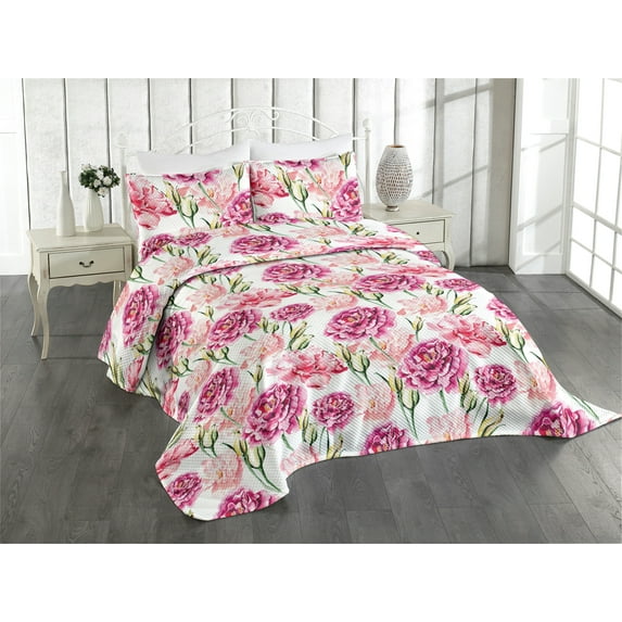 Ambesonne Peony Quilted Coverlet 2 Pcs, Springtime Flowers Boho Art, Twin Size, Pale Fuchsia Fern Green