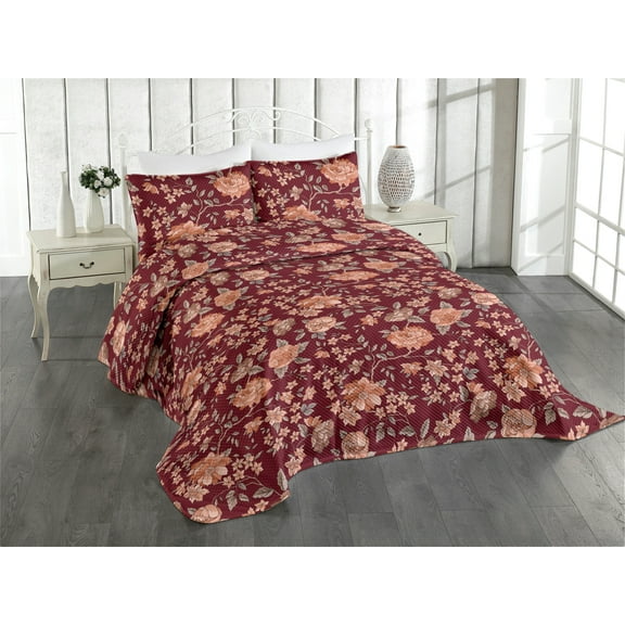 Ambesonne Peony Quilted Coverlet 3 Pcs, Autumn Flowers Leafy Branches, King Size, Raspberry Coral Grey Teal