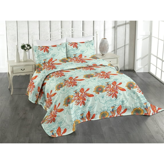 Ambesonne Peony Quilted Coverlet 3 Pcs, Tropical Petals with Flowers, King Size, Marigold Vermilion Teal