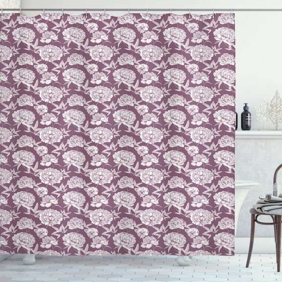 Ambesonne Peony Shower Curtain, Monochrome Vintage Engraving, 69"Wx70"L, Mauve Taupe and White