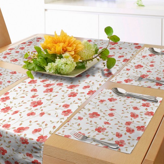 Ambesonne Peony Table Runner & Placemats, Hand Drawn Nature Bloom, Placemat 4 pcs + Runner 12"x90", Dark Coral and Cocoa