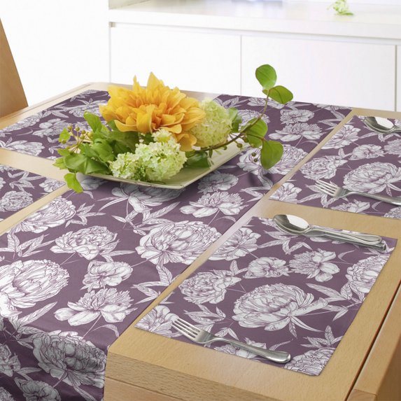 Ambesonne Peony Table Runner & Placemats, Monochrome Vintage Engraving, Placemat 4 pcs + Runner 12"x90", Mauve Taupe and White