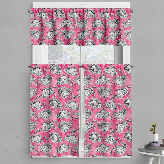 Ambesonne Peony Valance & Curtain, Greyscale Flower Chintz Rose, 55"x30", Hot Pink Pastel Pink
