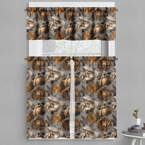 Ambesonne Peony Valance & Curtain, Vintage Floral Nostalgia Art, 55"x36", Dimgray Caramel Eggshell