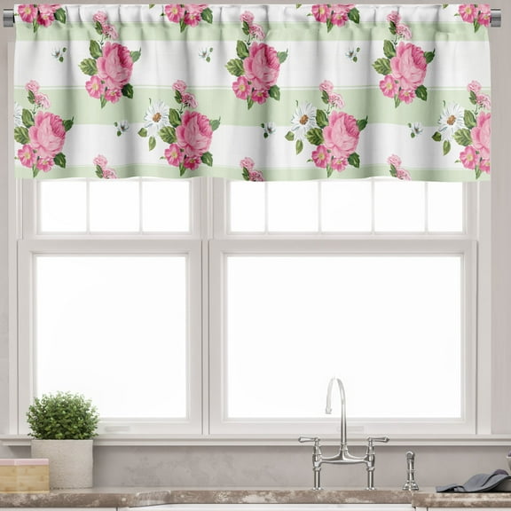 Ambesonne Peony Window Valance, Daisies Flowers Bouquet Art, 54" X 12", Pale Green Pink