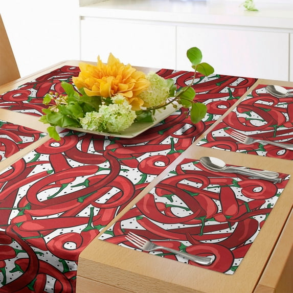 Ambesonne Peppers Table Runner & Placemats, Pattern of Chili Peppers, Placemat 4 pcs + Runner 12"x90", Vermilion Ruby Green
