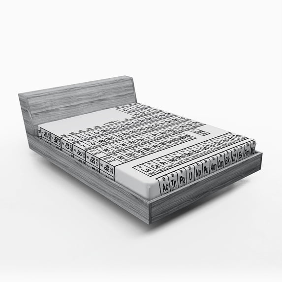 Ambesonne Periodic Table Fitted Sheet, Monochrome Science, Queen Size, Black and White