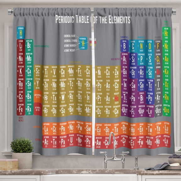 Ambesonne Periodic Table Kitchen Curtains, Mendeleev's Tabular, 55"x45", Multicolor