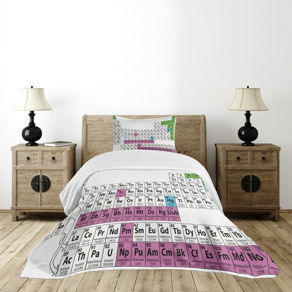 Ambesonne Periodic Table Quilted Bedspread Set 2 Pcs, Colorful Science, Twin Size, Dark Grey Sky Blue