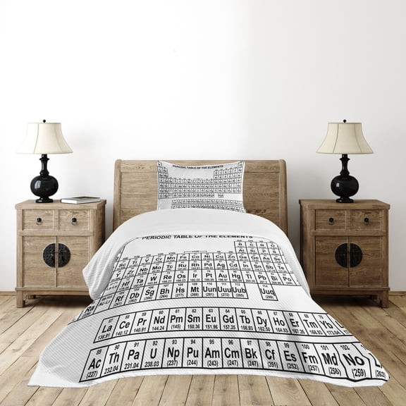 Ambesonne Periodic Table Quilted Bedspread Set 2 Pcs, Monochrome Science, Twin Size, Black and White
