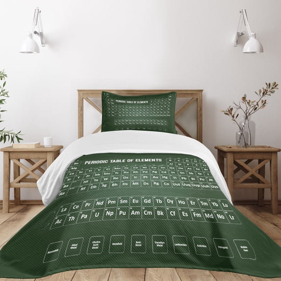 Ambesonne Periodic Table Quilted Bedspread Set 2 Pcs, Science Elements, Twin Size, Dark Green and White