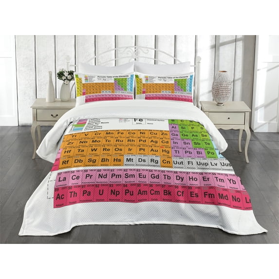 Ambesonne Periodic Table Quilted Bedspread Set 3 Pcs, Chemistry Lovers, King Size, Multicolor
